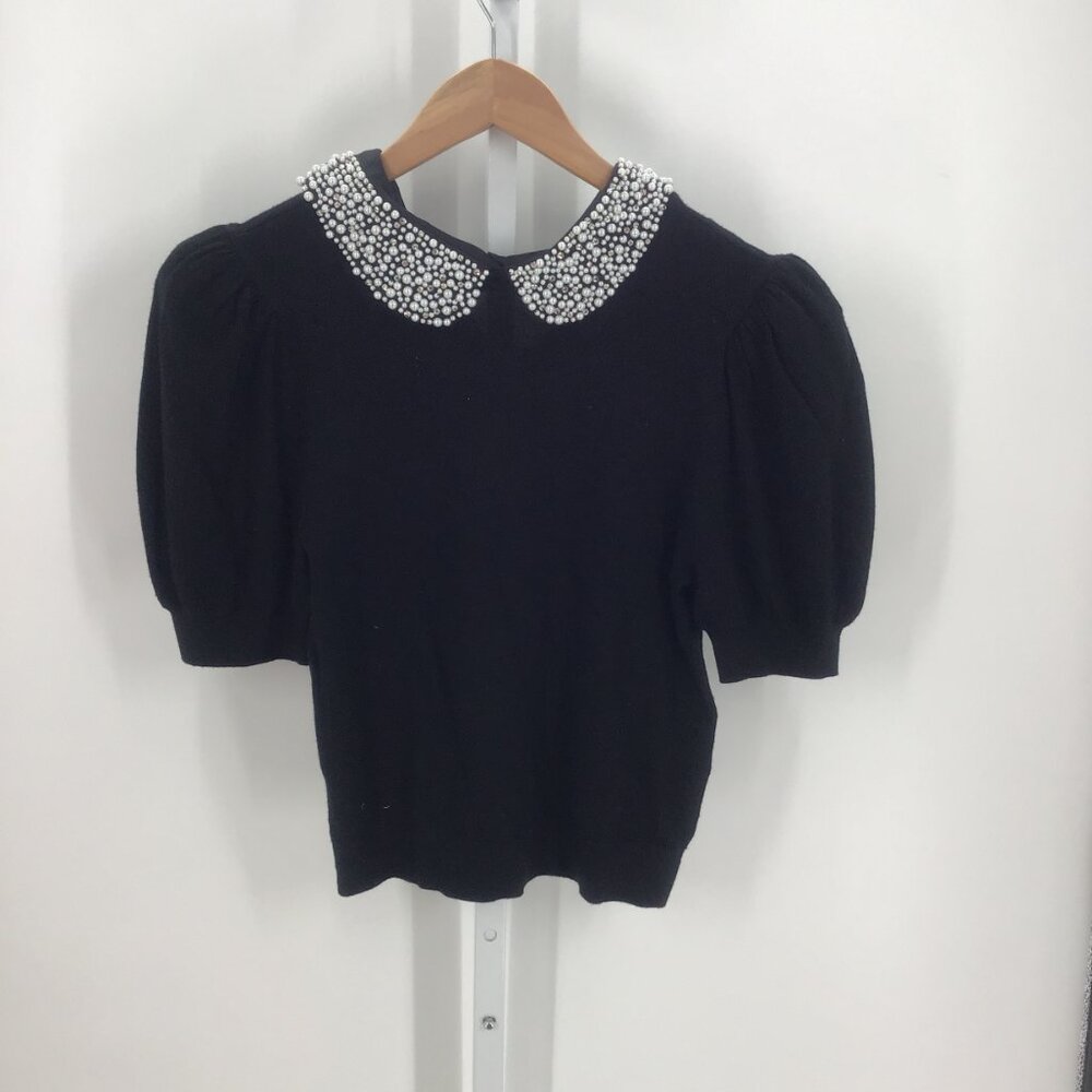 Alice + Olivia Black Puff Sleeve Sweater Top with Pearl Collar
